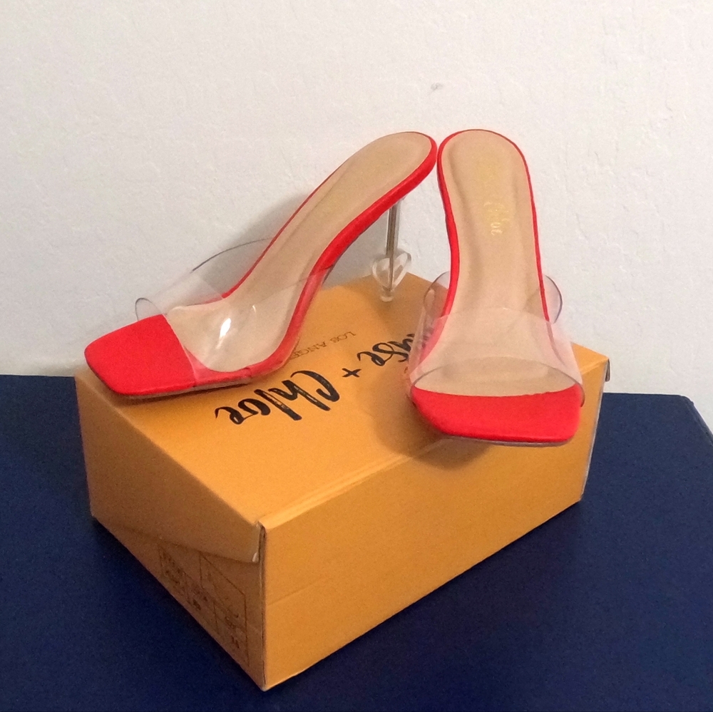 Heart Lucite Clear Heel Sandal (Women) Size 7.5 M Red